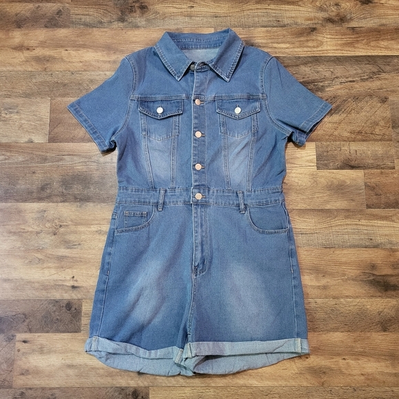 Women's Short Sleeve Button Front Denim Jumpsuit Overalls Size Large - Picture 2 of 8